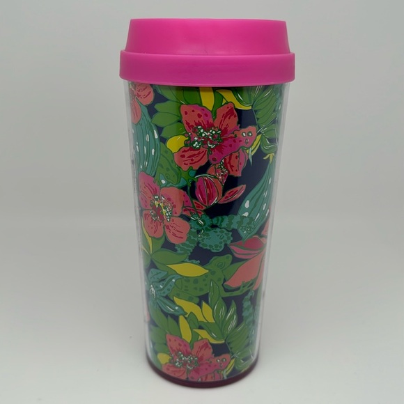 Lilly Pulitzer Hot and Cold Travel Mug‎ Tumbler 16 oz - Tropical Orchids Frogs - Picture 1 of 7